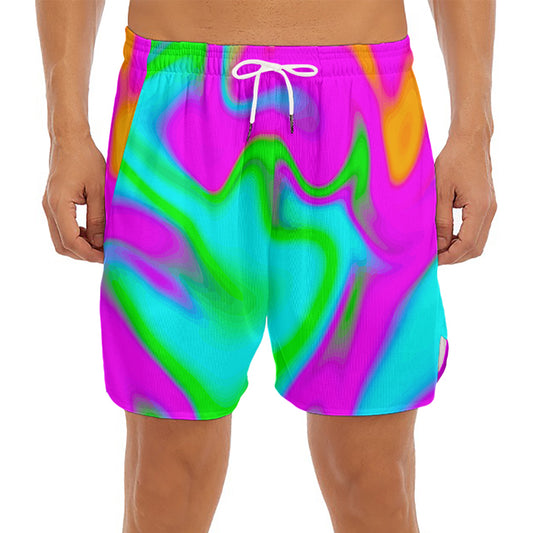 Holographic Neon Liquid Trippy Print Men's Split Running Shorts