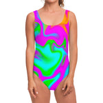 Holographic Neon Liquid Trippy Print One Piece Swimsuit