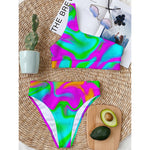 Holographic Neon Liquid Trippy Print One Shoulder Bikini Top