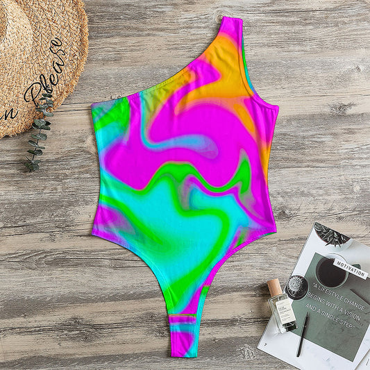 Holographic Neon Liquid Trippy Print One Shoulder Bodysuit