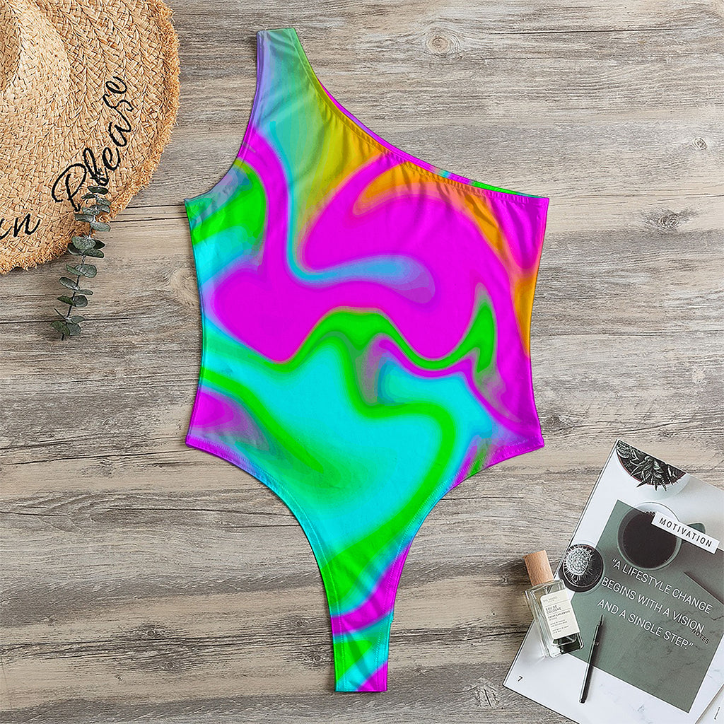 Holographic Neon Liquid Trippy Print One Shoulder Bodysuit