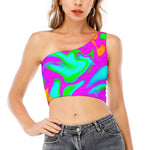 Holographic Neon Liquid Trippy Print One Shoulder Crop Top