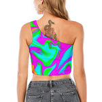 Holographic Neon Liquid Trippy Print One Shoulder Crop Top
