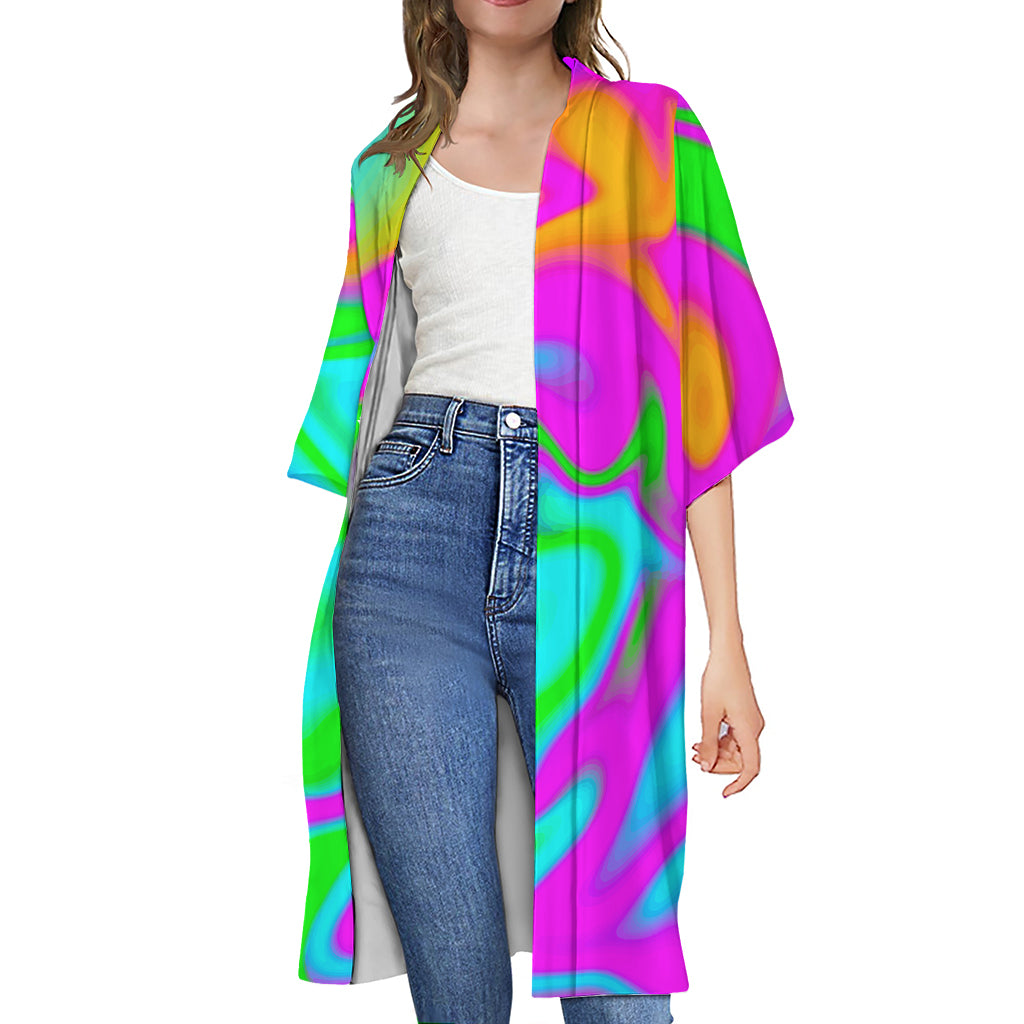 Holographic Neon Liquid Trippy Print Open Front Beach Cover Up