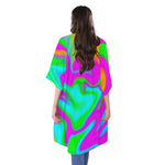 Holographic Neon Liquid Trippy Print Open Front Beach Cover Up