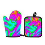 Holographic Neon Liquid Trippy Print Oven Mitt And Pot Holder Set