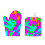 Holographic Neon Liquid Trippy Print Oven Mitt And Pot Holder Set