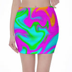 Holographic Neon Liquid Trippy Print Pencil Mini Skirt