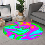 Holographic Neon Liquid Trippy Print Round Rug