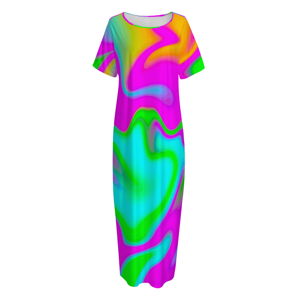 Holographic Neon Liquid Trippy Print Short Sleeve Long Nightdress