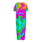 Holographic Neon Liquid Trippy Print Short Sleeve Long Nightdress