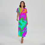 Holographic Neon Liquid Trippy Print Short Sleeve Maxi Dress