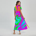 Holographic Neon Liquid Trippy Print Short Sleeve Maxi Dress