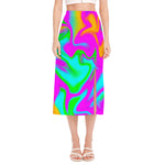 Holographic Neon Liquid Trippy Print Side Slit Midi Skirt
