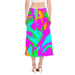 Holographic Neon Liquid Trippy Print Side Slit Midi Skirt