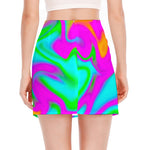 Holographic Neon Liquid Trippy Print Side Slit Mini Skirt