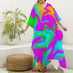 Holographic Neon Liquid Trippy Print Silk V-Neck Kaftan Dress