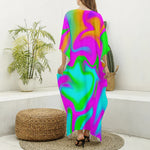 Holographic Neon Liquid Trippy Print Silk V-Neck Kaftan Dress