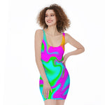 Holographic Neon Liquid Trippy Print Sleeveless Bodycon Dress