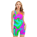 Holographic Neon Liquid Trippy Print Sleeveless One Piece Swimsuit