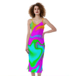 Holographic Neon Liquid Trippy Print Slim Fit Midi Cami Dress