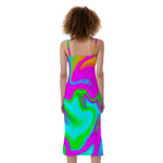 Holographic Neon Liquid Trippy Print Slim Fit Midi Cami Dress
