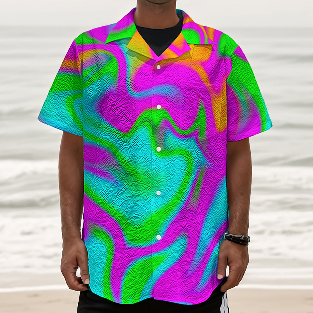Holographic Neon Liquid Trippy Print Textured Short Sleeve Shirt