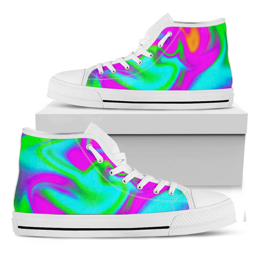 Holographic Neon Liquid Trippy Print White High Top Sneakers