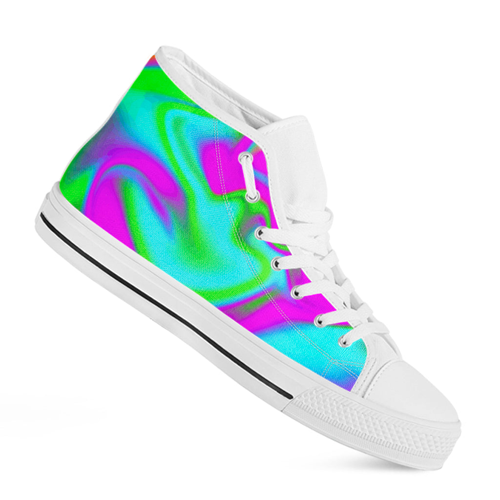 Holographic Neon Liquid Trippy Print White High Top Sneakers
