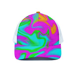 Holographic Neon Liquid Trippy Print White Mesh Trucker Cap