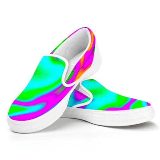 Holographic Neon Liquid Trippy Print White Slip On Sneakers
