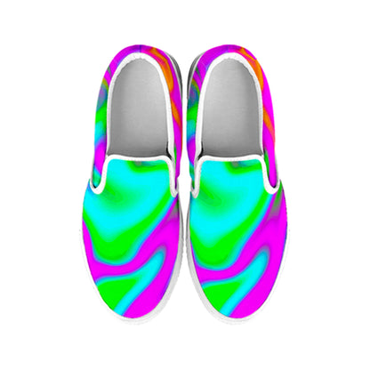 Holographic Neon Liquid Trippy Print White Slip On Sneakers