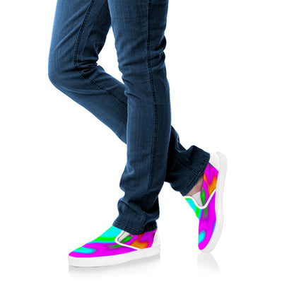 Holographic Neon Liquid Trippy Print White Slip On Sneakers