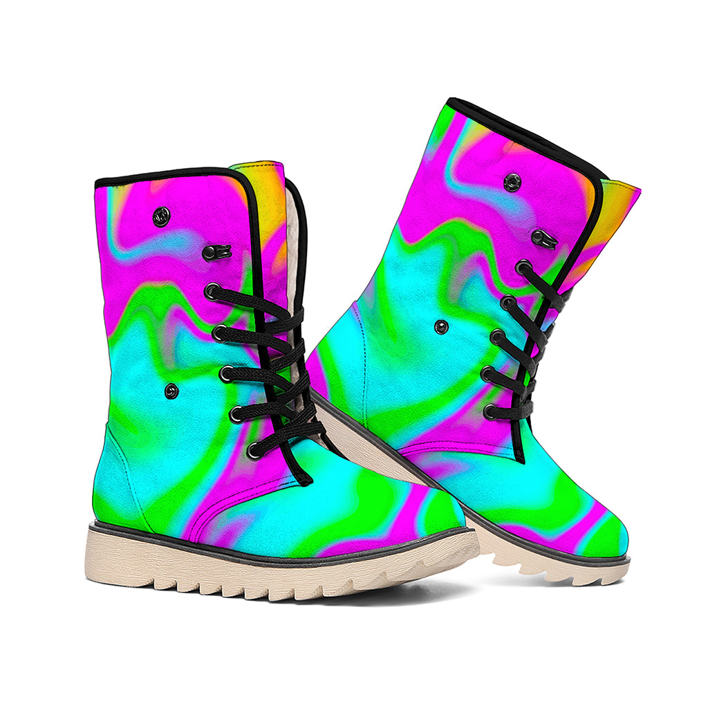 Holographic Neon Liquid Trippy Print Winter Boots