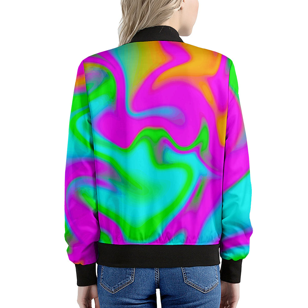 Holographic Neon Liquid Trippy Print Women's Bomber Jacket