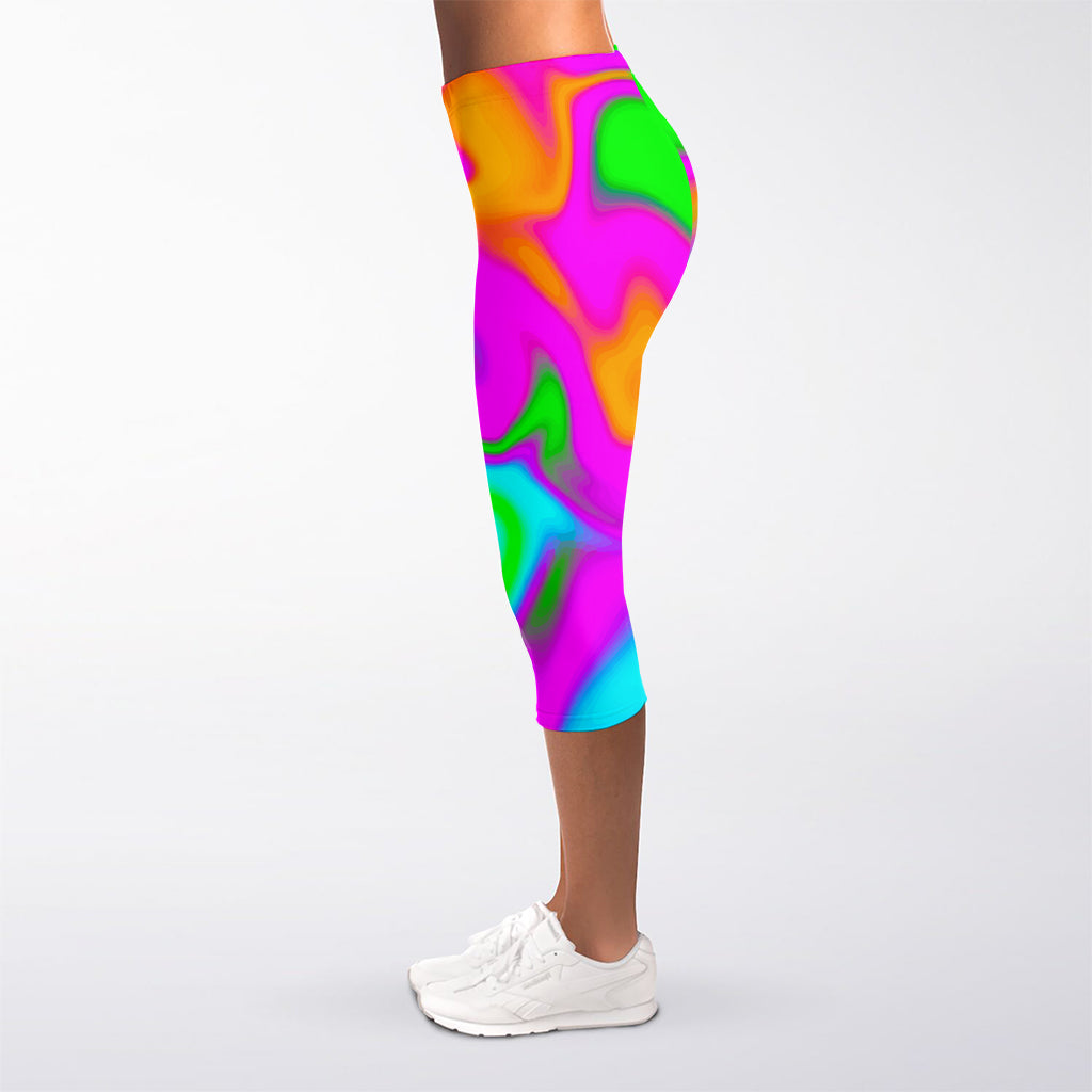 Holographic Neon Liquid Trippy Print Women's Capri Leggings