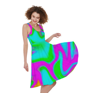 Holographic Neon Liquid Trippy Print Women's Sleeveless Dress