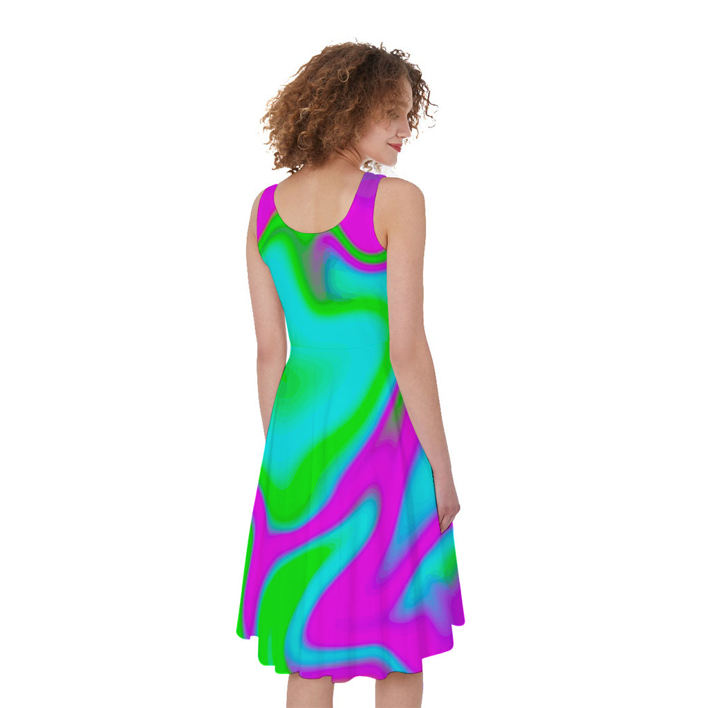 Holographic Neon Liquid Trippy Print Women's Sleeveless Dress
