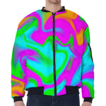 Holographic Neon Liquid Trippy Print Zip Sleeve Bomber Jacket