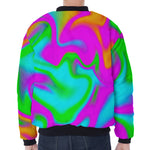 Holographic Neon Liquid Trippy Print Zip Sleeve Bomber Jacket