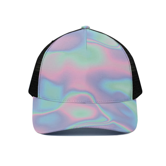 Holographic Waves Print Black Mesh Trucker Cap