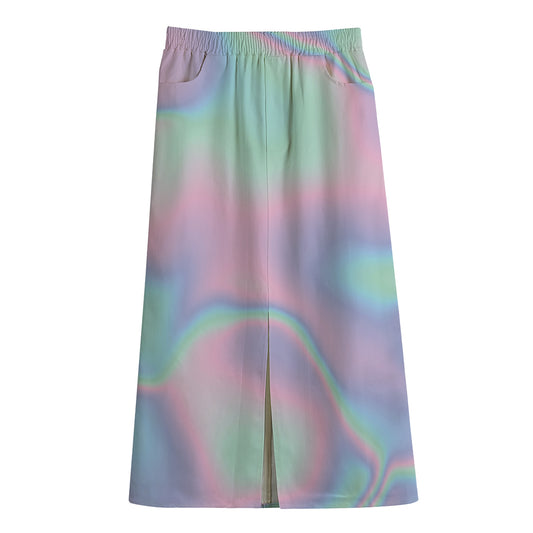 Holographic Waves Print Cotton Front Slit Maxi Skirt