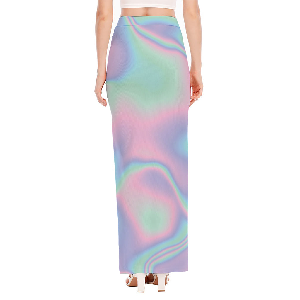 Holographic Waves Print High Slit Maxi Skirt