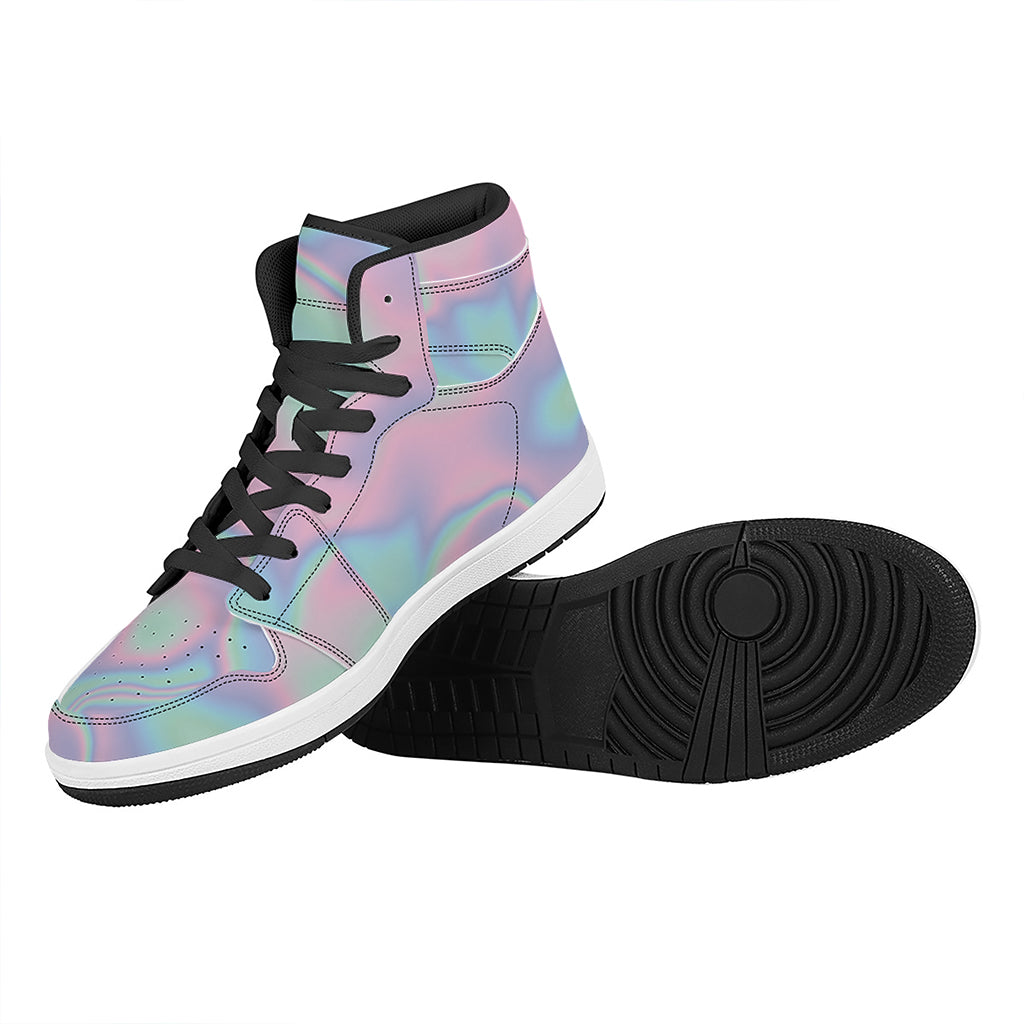 Holographic Waves Print High Top Leather Sneakers