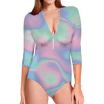 Holographic Waves Print Long Sleeve Swimsuit