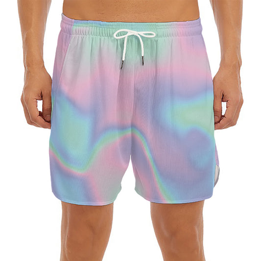 Holographic Waves Print Men's Split Running Shorts