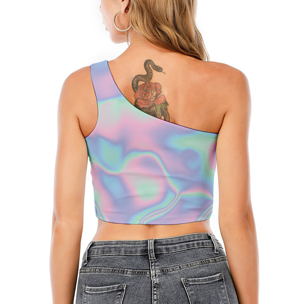 Holographic Waves Print One Shoulder Crop Top