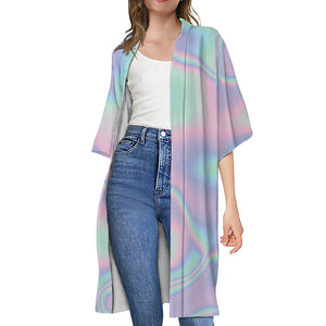 Holographic Waves Print Open Front Beach Cover Up