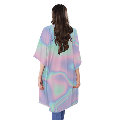 Holographic Waves Print Open Front Beach Cover Up