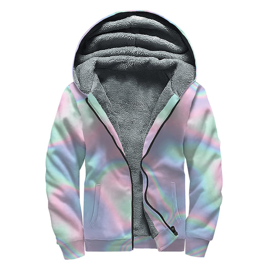 Holographic Waves Print Sherpa Lined Zip Up Hoodie